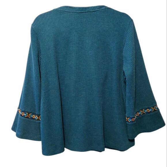 Soft Surroundings Gabriel Waffle Knit Embroidered Beaded Flared Sleeve Boho Top - Picture 2 of 6